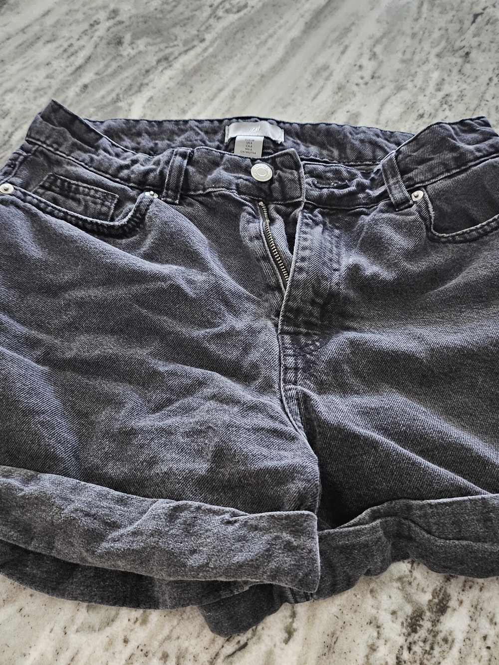 H&M Washed Charcoal High-Waist Denim Shorts